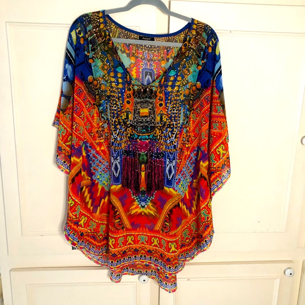 Janice Swimsuit coverup/ tunic, once size , sheer, rhinestones